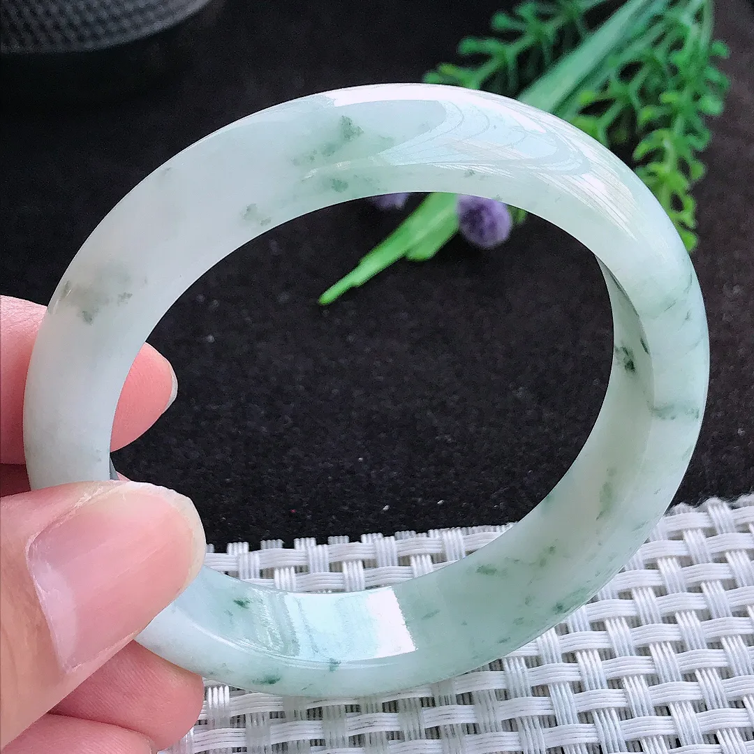 自然光54/12.9/7.7老坑精美冰润飘花手镯天然翡翠玉镯百搭女款