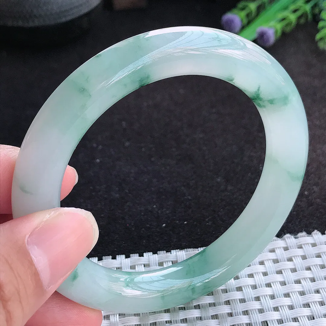 自然光56/10.9/10.6老坑冰胶果冻飘花圆条手镯天然翡翠玉镯百搭女款