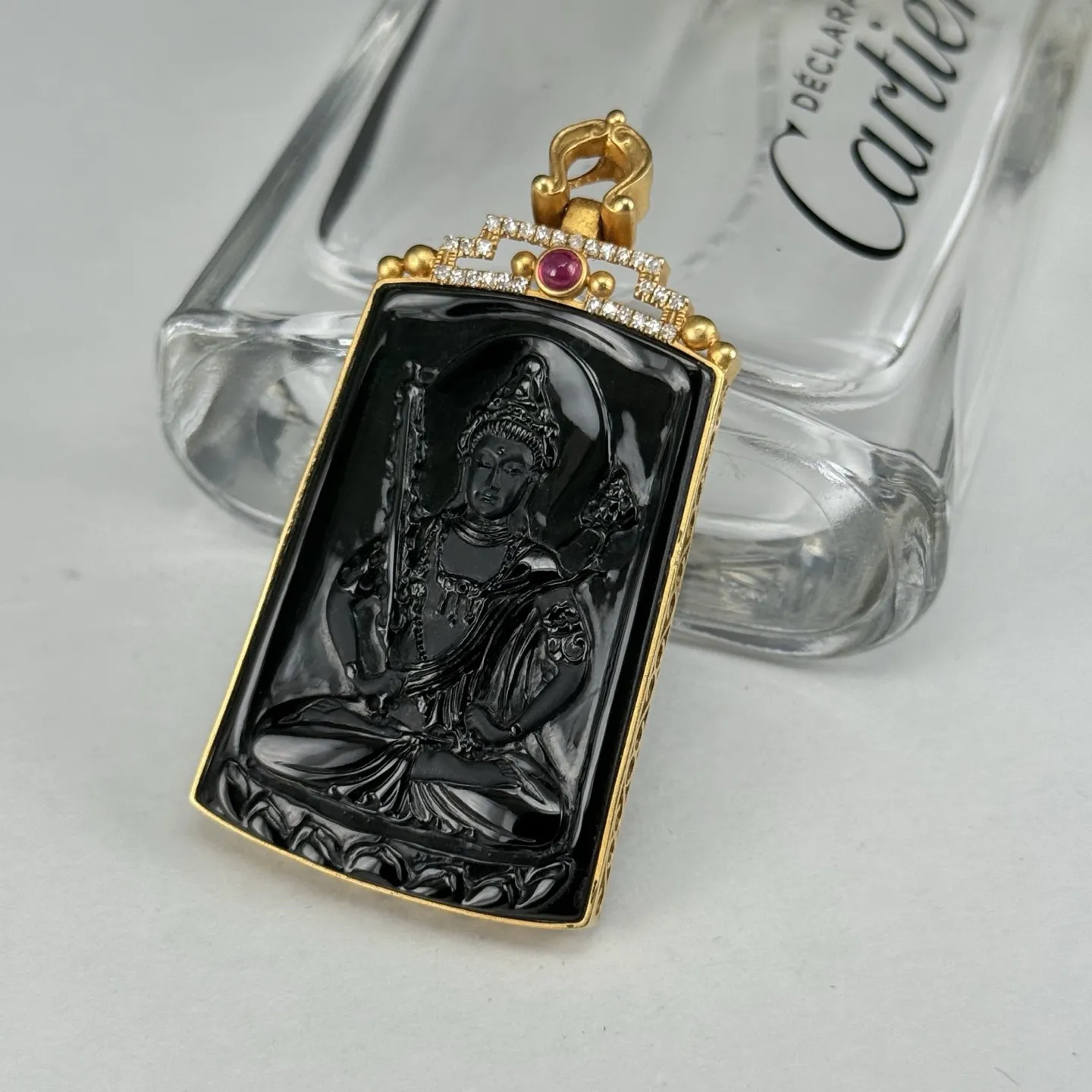 精品18k墨翠虚空藏菩萨 种好色正 黑度极好 打灯通透 油性十足