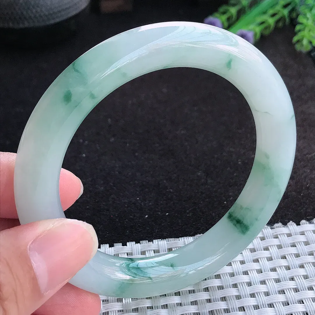 自然光56/10.9/10.6老坑冰胶果冻飘花圆条手镯天然翡翠玉镯百搭女款