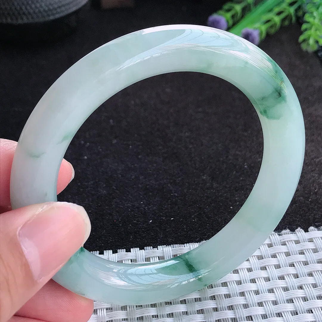 自然光56/10.9/10.6老坑冰胶果冻飘花圆条手镯天然翡翠玉镯百搭女款