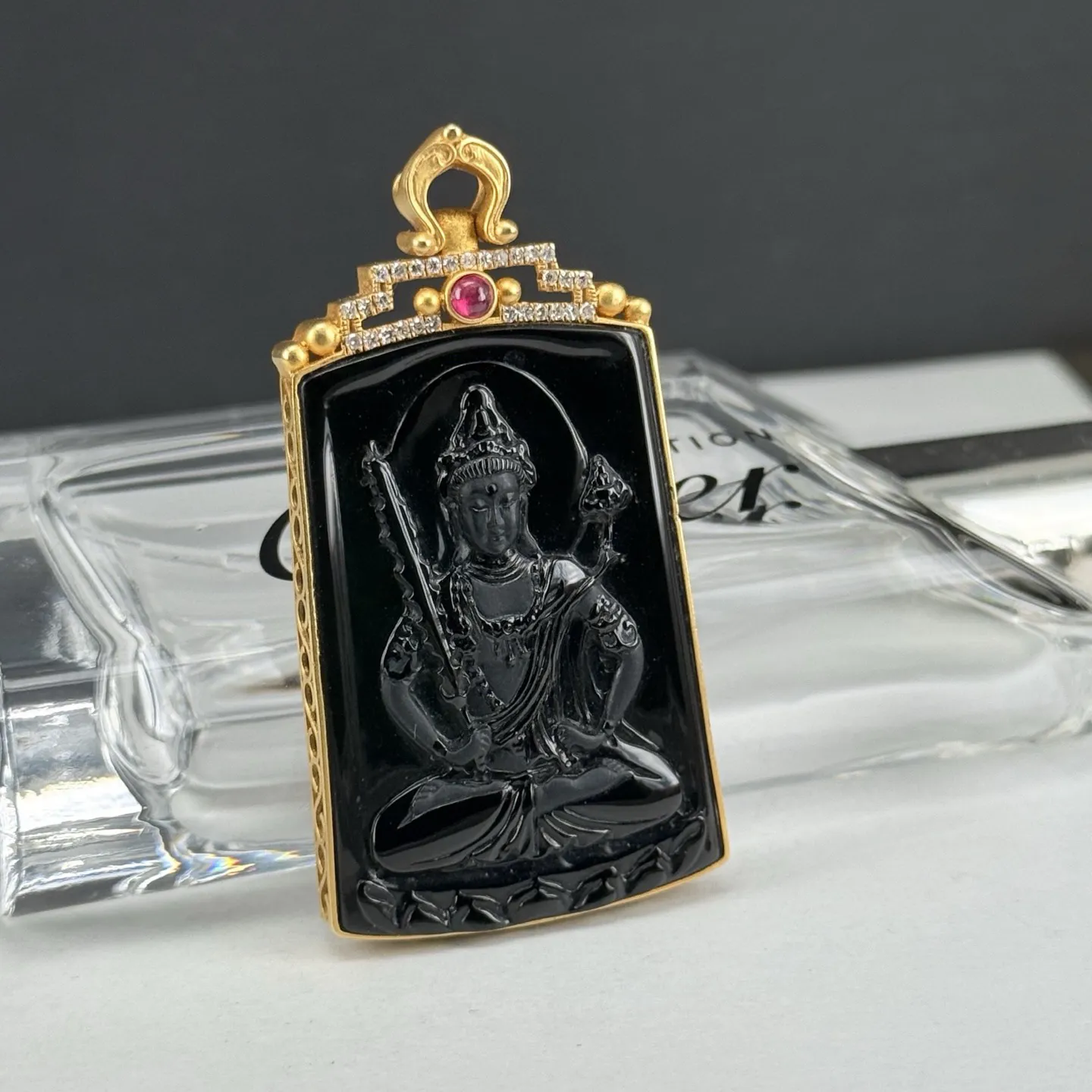 精品18k墨翠虚空藏菩萨 种好色正 黑度极好 打灯通透 油性十足