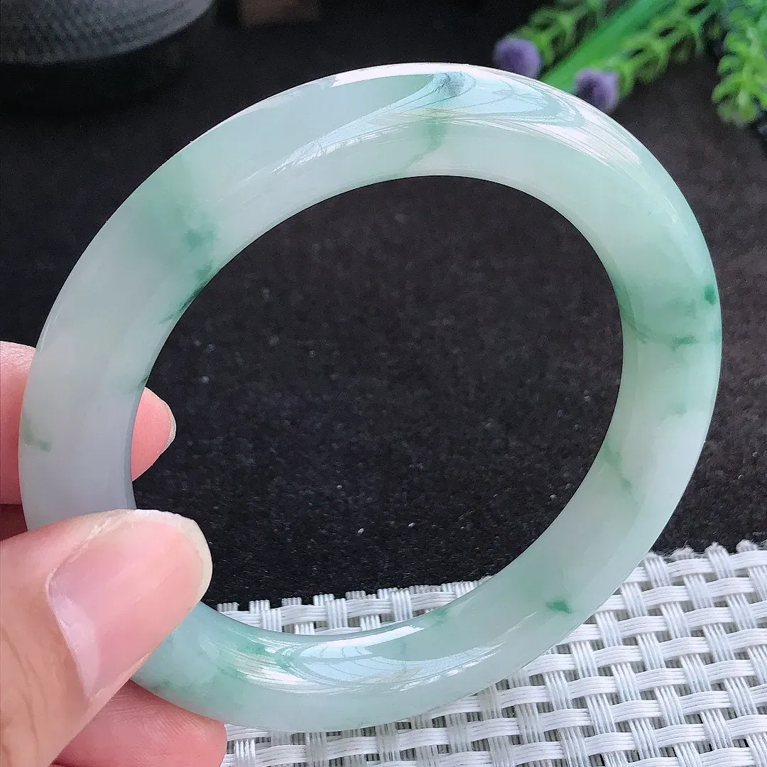 自然光56/10.9/10.6老坑冰胶果冻飘花圆条手镯天然翡翠玉镯百搭女款