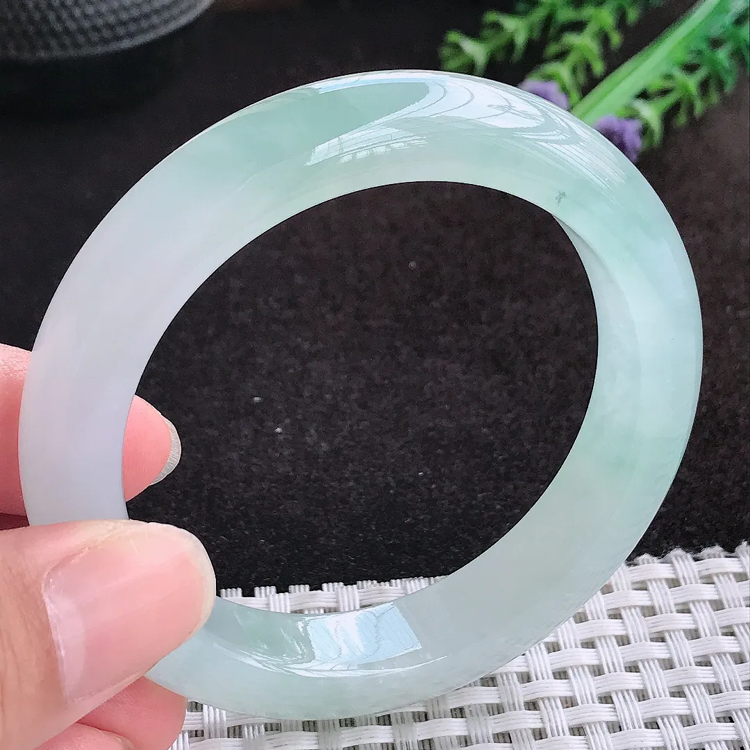自然光54.5/12/9老坑冰种果冻胶冰晴天空蓝手镯缅甸翡翠玉镯手环