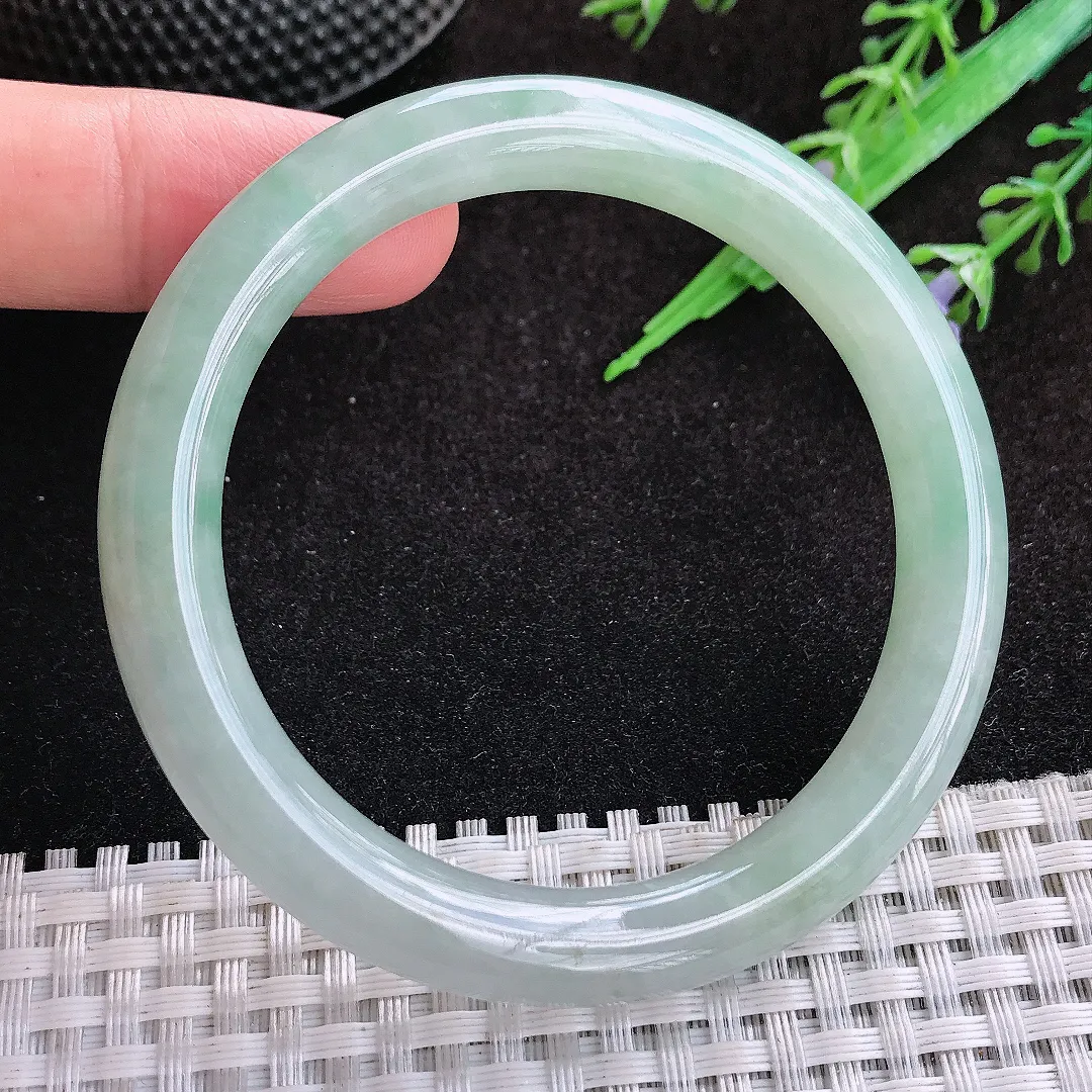 自然光53.5/8.5老坑冰胶果冻冰晴绿圆条手镯缅甸翡翠玉镯手环