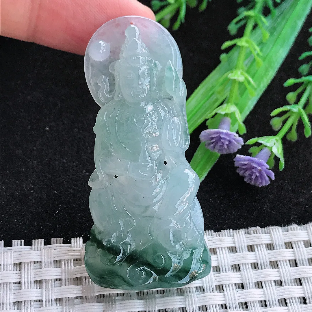 自然光54.8/25.7/10.5老坑冰胶果冻飘花观音菩萨吊坠天然翡翠玉坠挂件