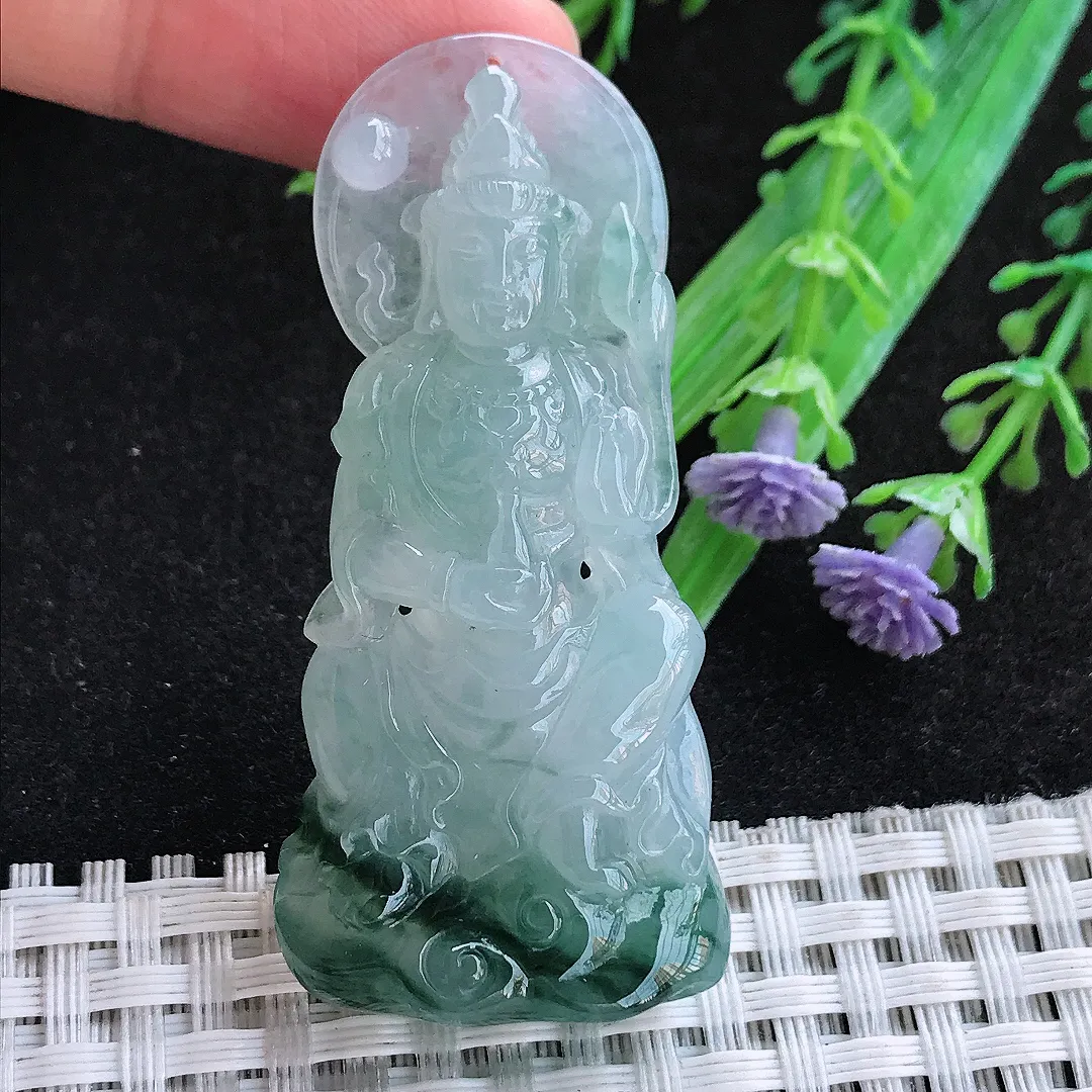 自然光54.8/25.7/10.5老坑冰胶果冻飘花观音菩萨吊坠天然翡翠玉坠挂件