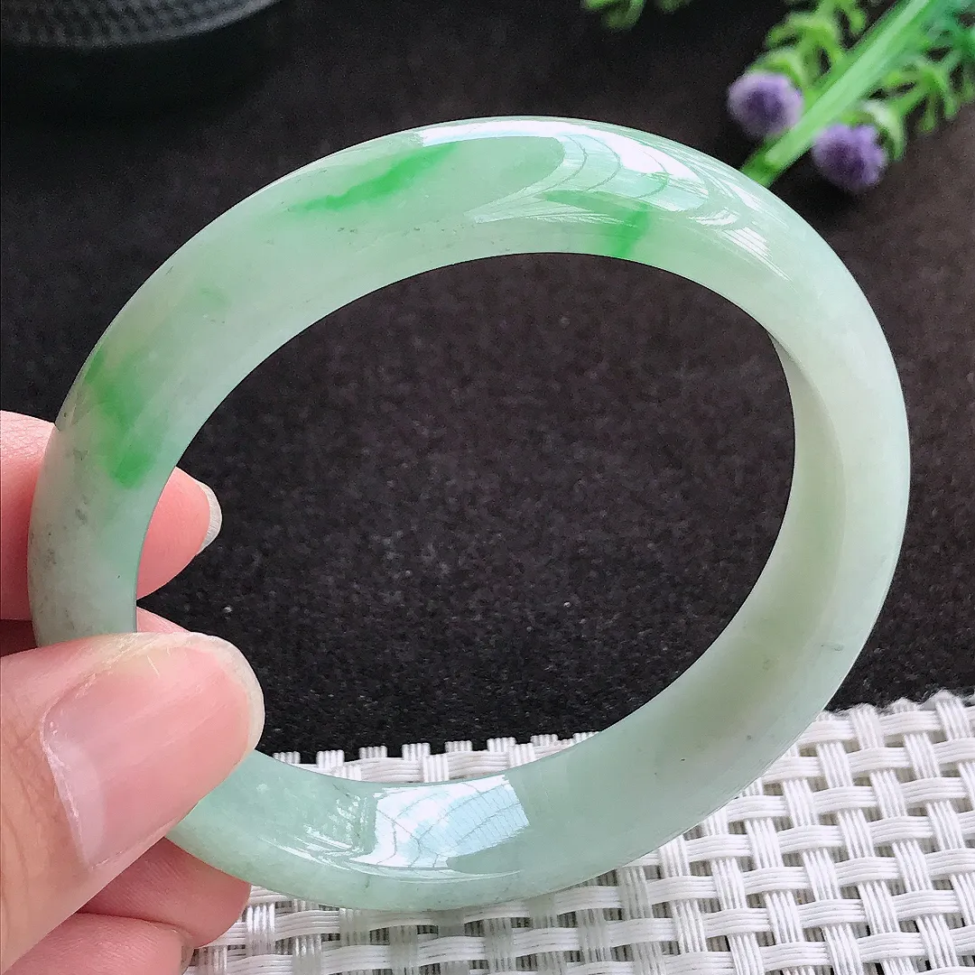自然光56/13/7.8老坑冰润水灵飘阳绿手镯缅甸翡翠玉镯手环