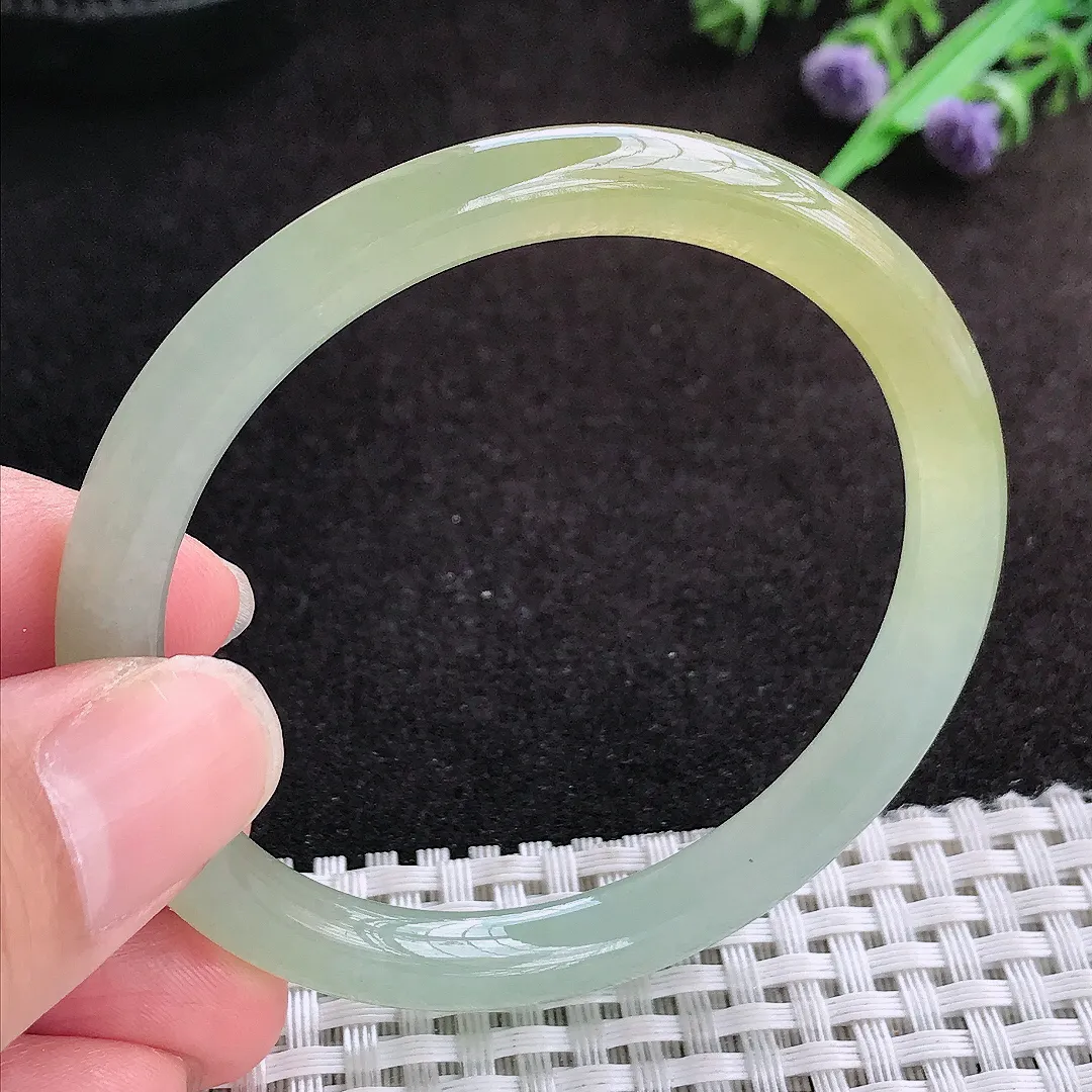 自然光53.5/7.2老坑冰胶果冻冰黄黄翡细条手镯缅甸翡翠玉镯圆条