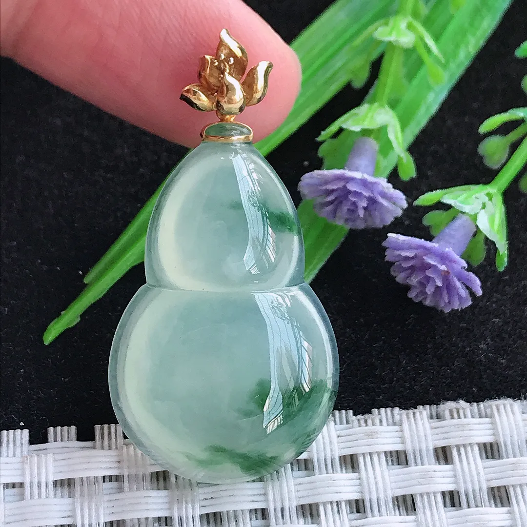 自然光30.8/19.8/5.7老坑18k金镶嵌冰种飘花葫芦吊坠天然翡翠玉坠挂件