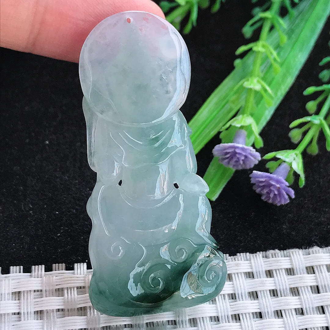 自然光54.8/25.7/10.5老坑冰胶果冻飘花观音菩萨吊坠天然翡翠玉坠挂件