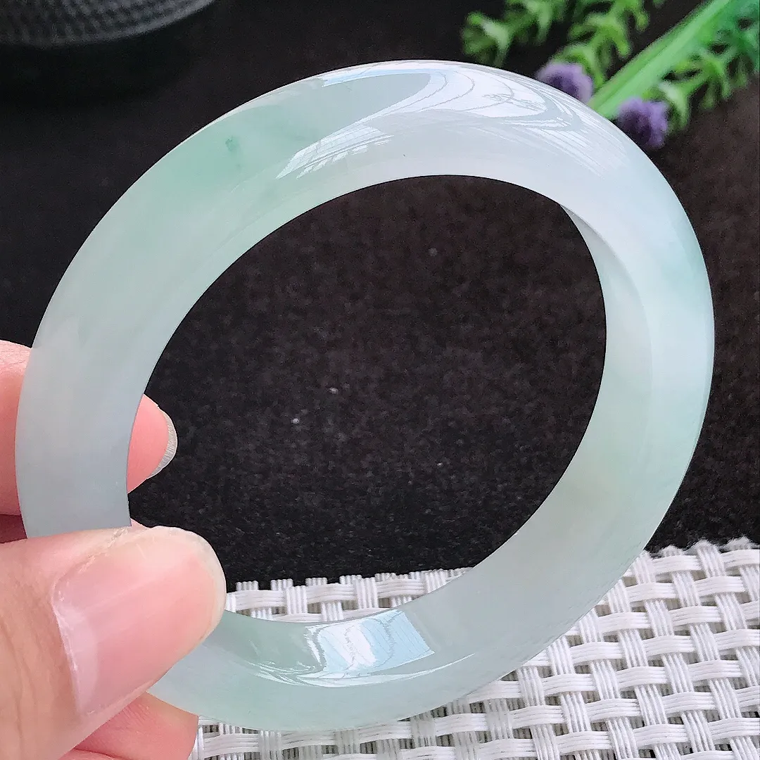 自然光54.5/12/9老坑冰种果冻胶冰晴天空蓝手镯缅甸翡翠玉镯手环