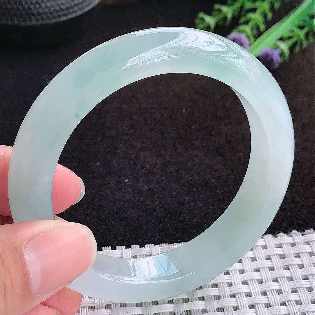 自然光54.5/12/9老坑冰种果冻胶冰晴天空蓝手镯缅甸翡翠玉镯手环
