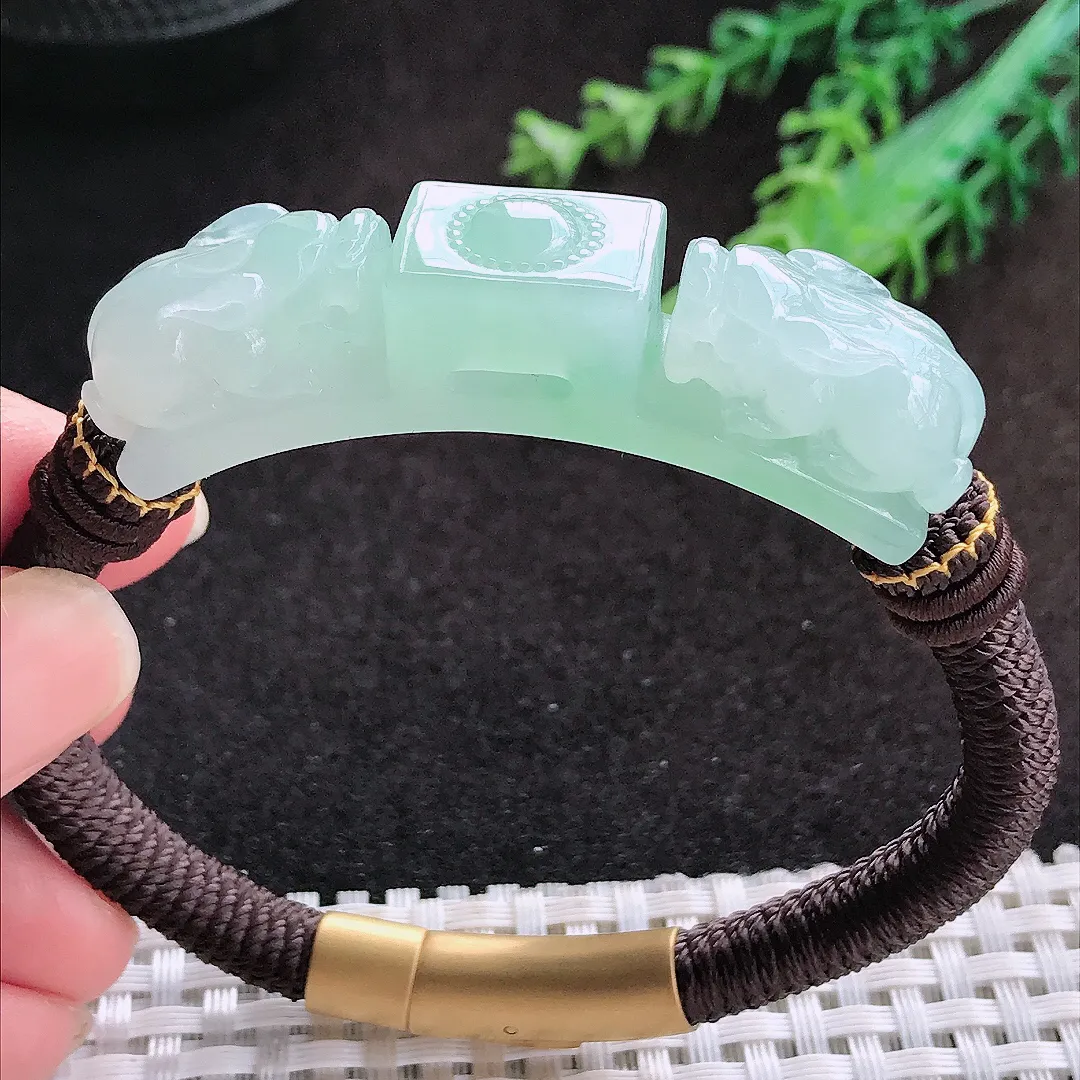 自然光55.5/11.8/12.6老坑冰胶果冻冰晴绿招财貔貅手牌手链