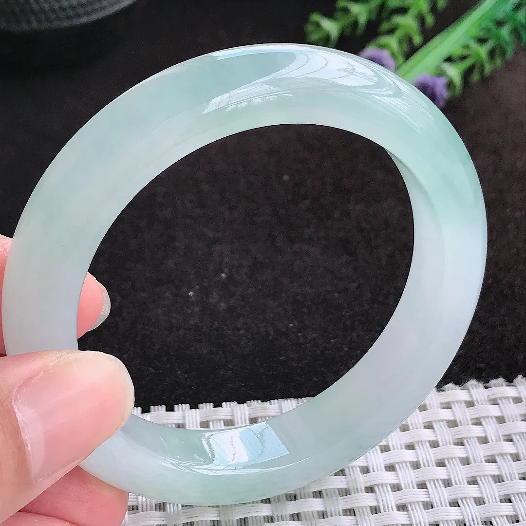 自然光54.5/12/9老坑冰种果冻胶冰晴天空蓝手镯缅甸翡翠玉镯手环
