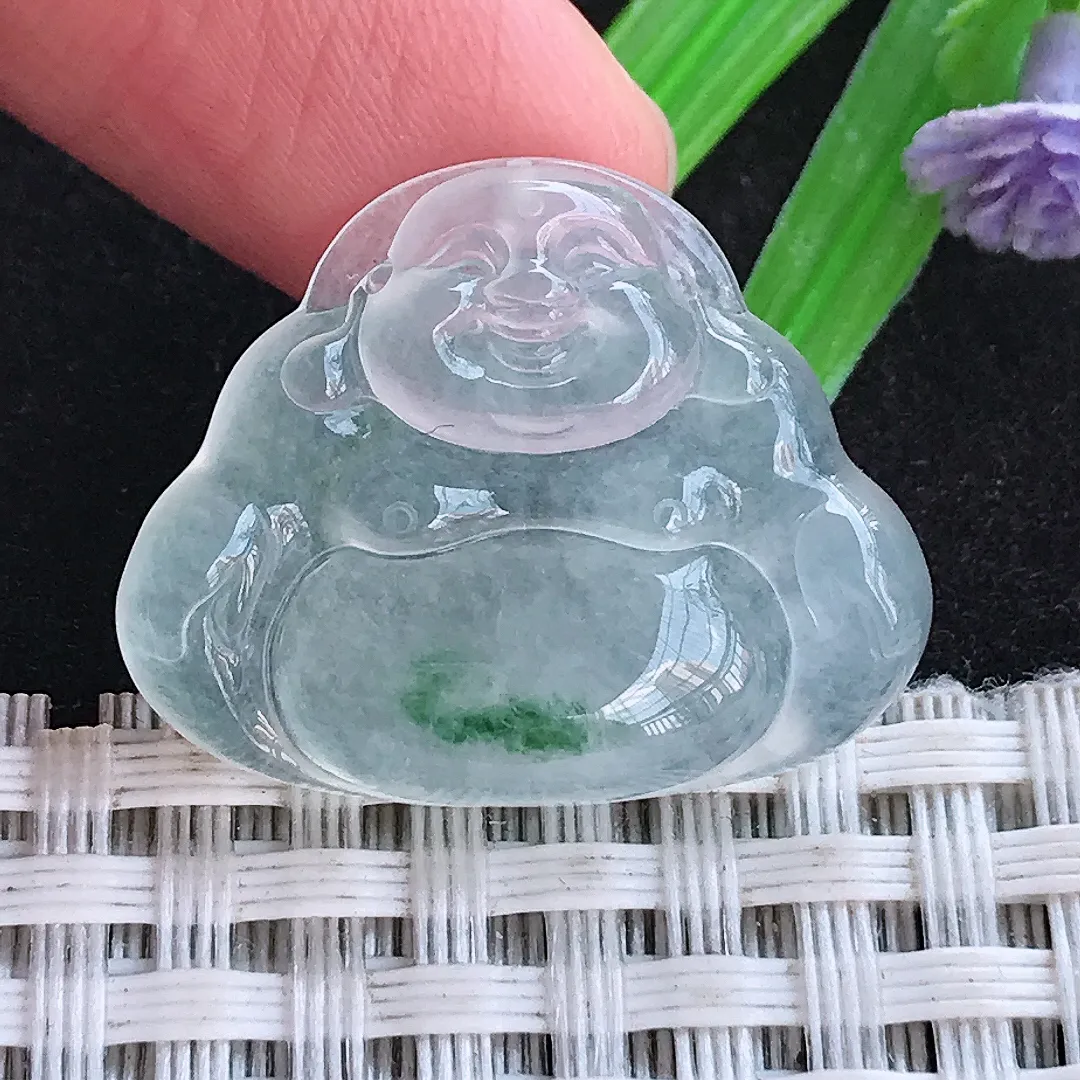 自然光21.3/26.8/5.8老坑高冰种果冻胶飘花佛公吊坠天然翡翠玉坠挂件