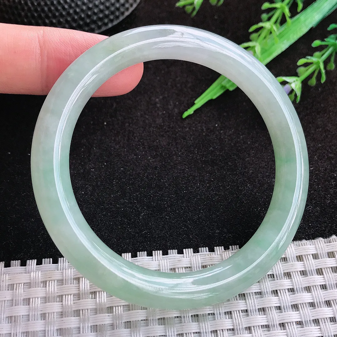 自然光53.5/8.5老坑冰胶果冻冰晴绿圆条手镯缅甸翡翠玉镯手环