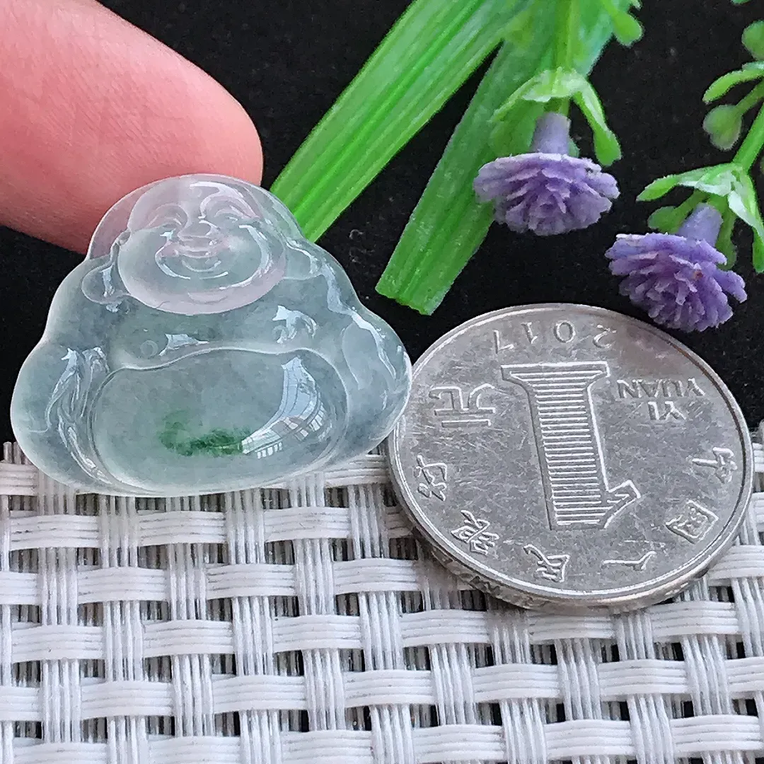 自然光21.3/26.8/5.8老坑高冰种果冻胶飘花佛公吊坠天然翡翠玉坠挂件
