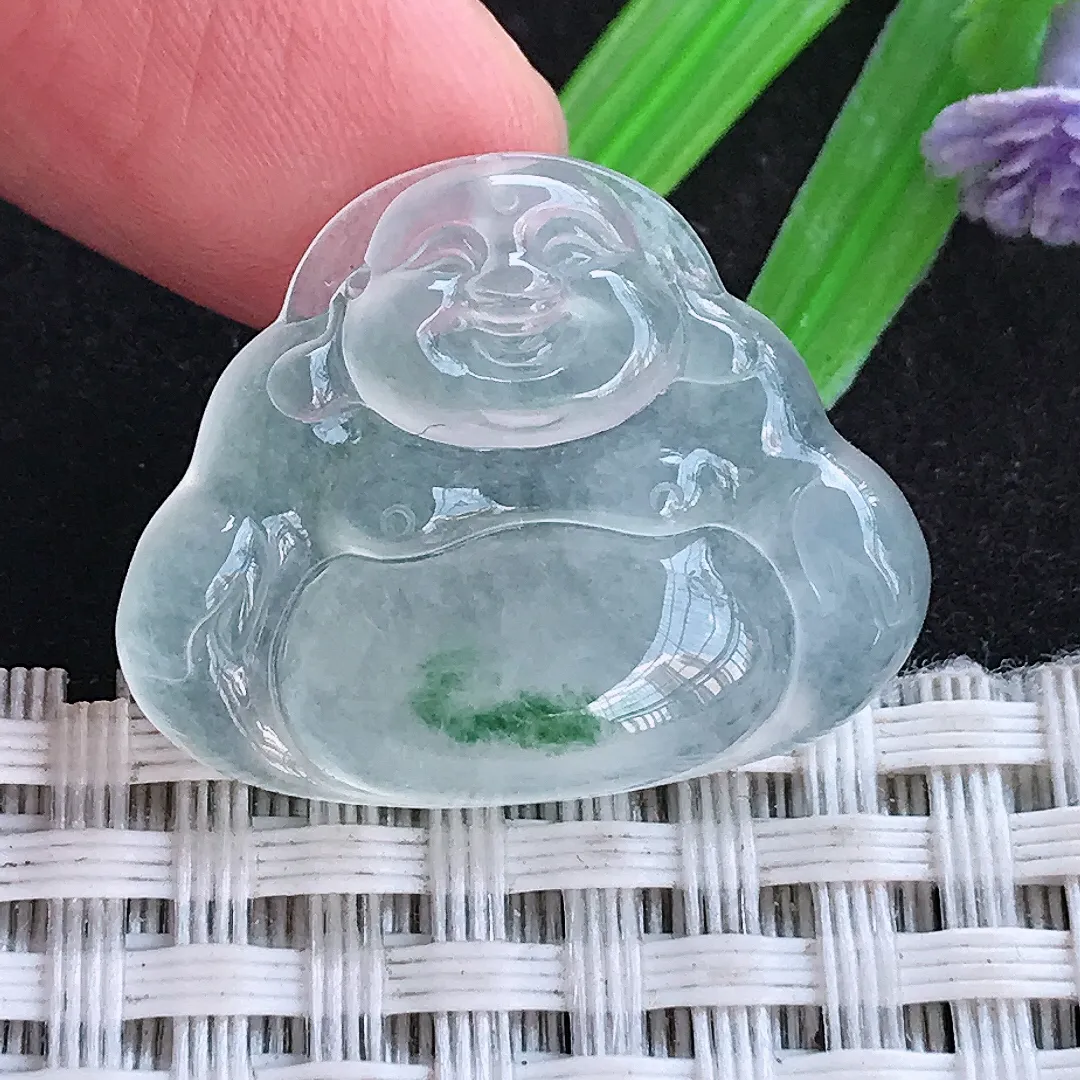 自然光21.3/26.8/5.8老坑高冰种果冻胶飘花佛公吊坠天然翡翠玉坠挂件