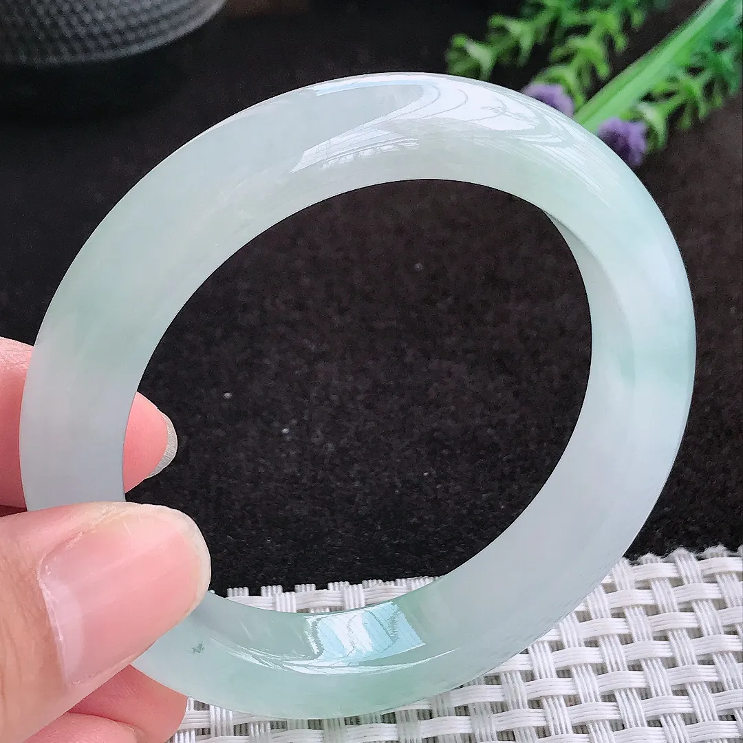 自然光54.5/12/9老坑冰种果冻胶冰晴天空蓝手镯缅甸翡翠玉镯手环