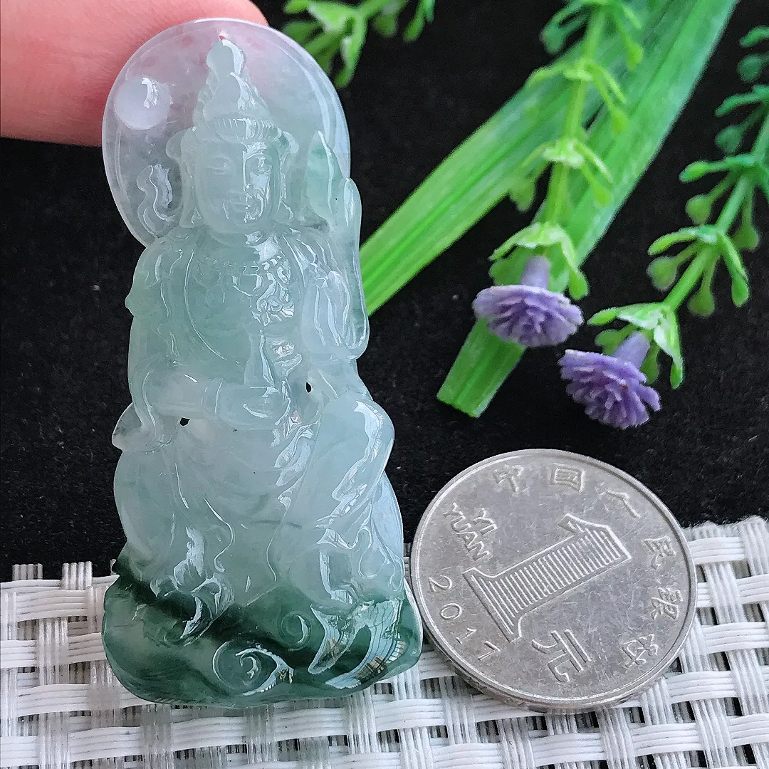 自然光54.8/25.7/10.5老坑冰胶果冻飘花观音菩萨吊坠天然翡翠玉坠挂件