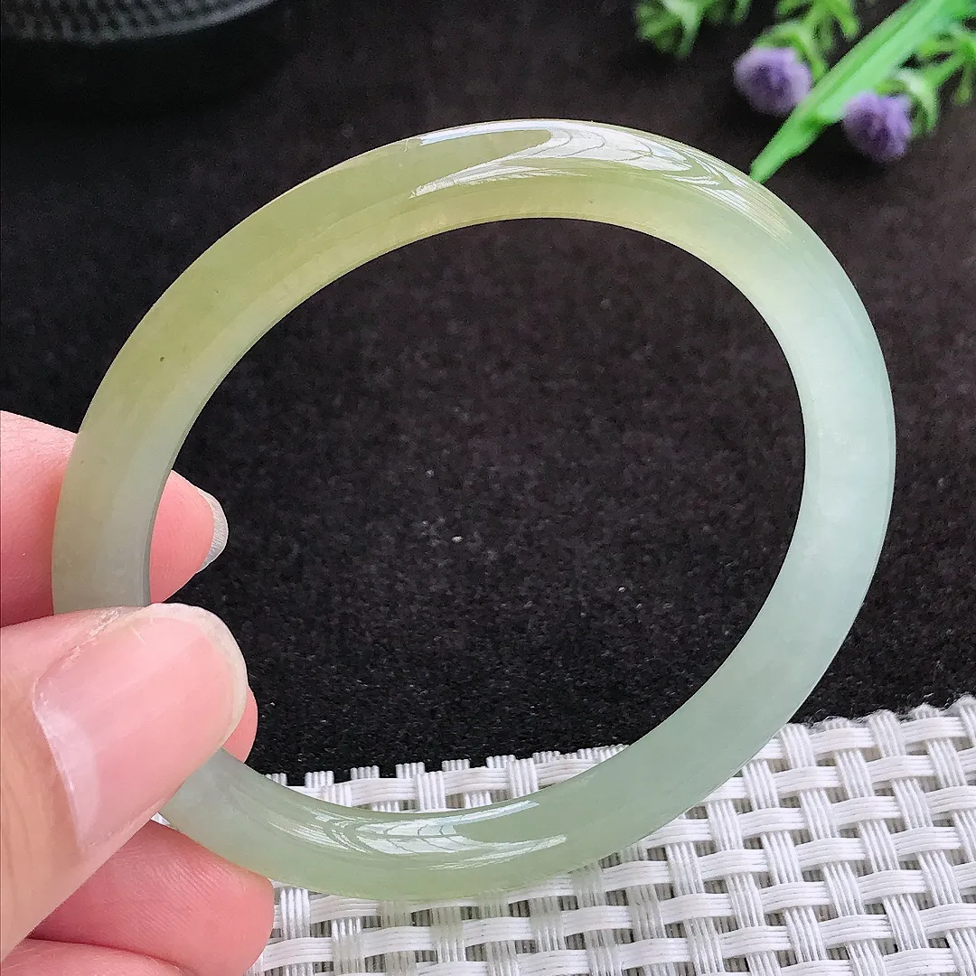 自然光53.5/7.2老坑冰胶果冻冰黄黄翡细条手镯缅甸翡翠玉镯圆条