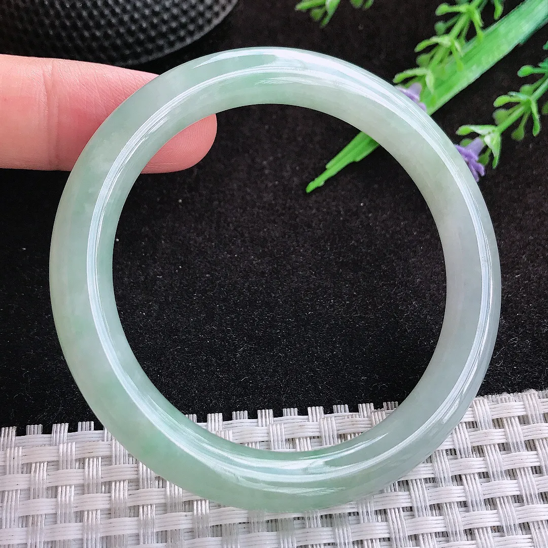 自然光53.5/8.5老坑冰胶果冻冰晴绿圆条手镯缅甸翡翠玉镯手环