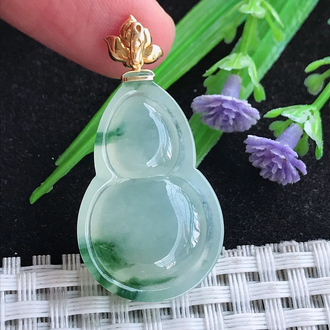 自然光30.8/19.8/5.7老坑18k金镶嵌冰种飘花葫芦吊坠天然翡翠玉坠挂件