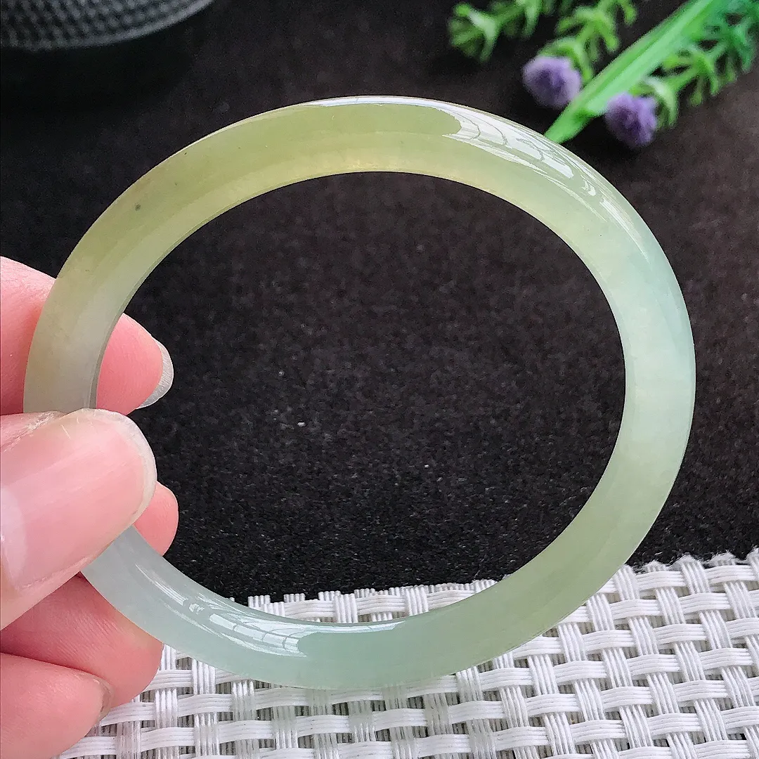 自然光53.5/7.2老坑冰胶果冻冰黄黄翡细条手镯缅甸翡翠玉镯圆条