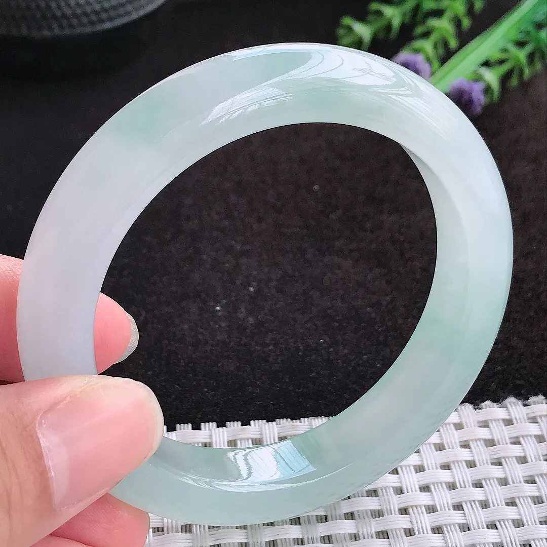 自然光54.5/12/9老坑冰种果冻胶冰晴天空蓝手镯缅甸翡翠玉镯手环