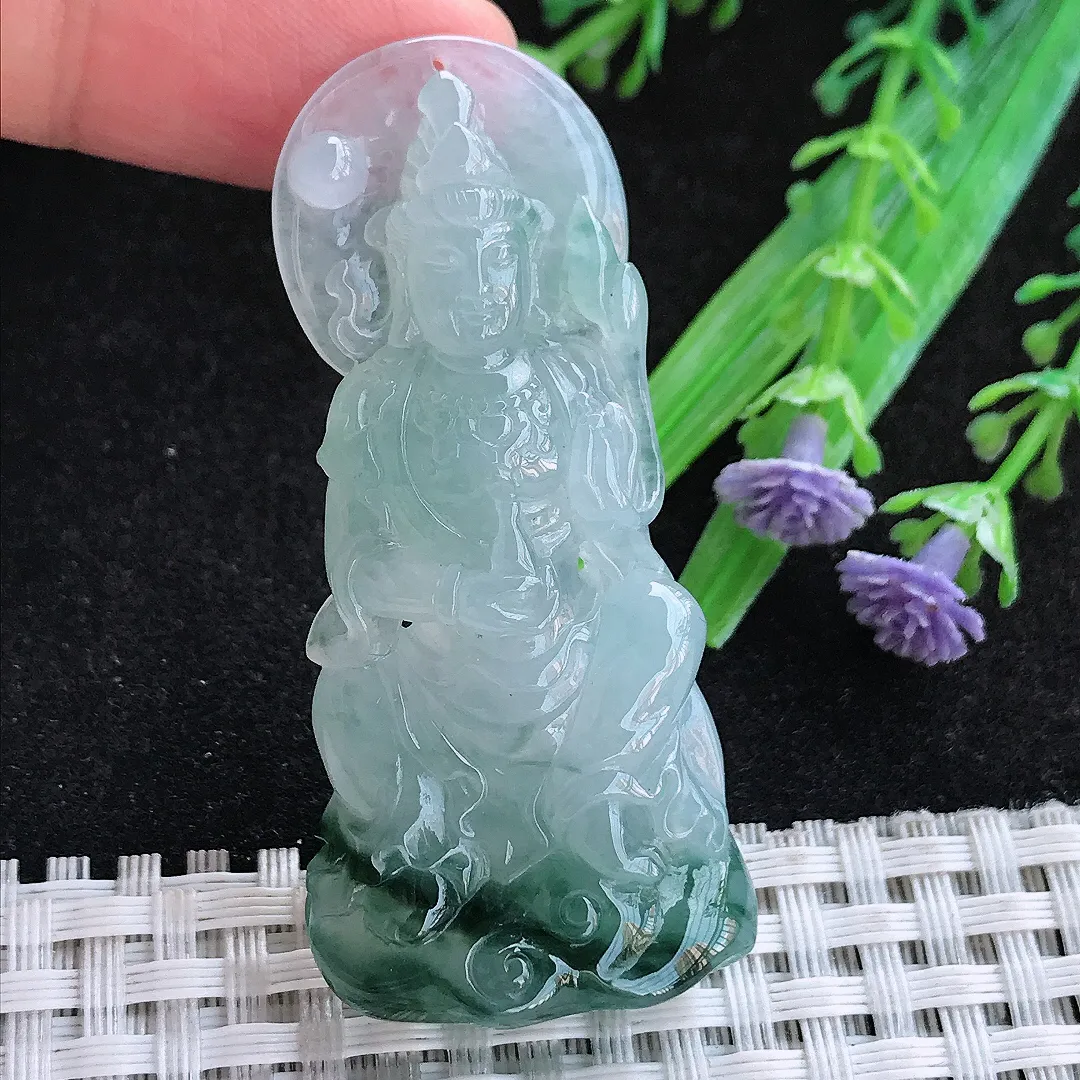 自然光54.8/25.7/10.5老坑冰胶果冻飘花观音菩萨吊坠天然翡翠玉坠挂件