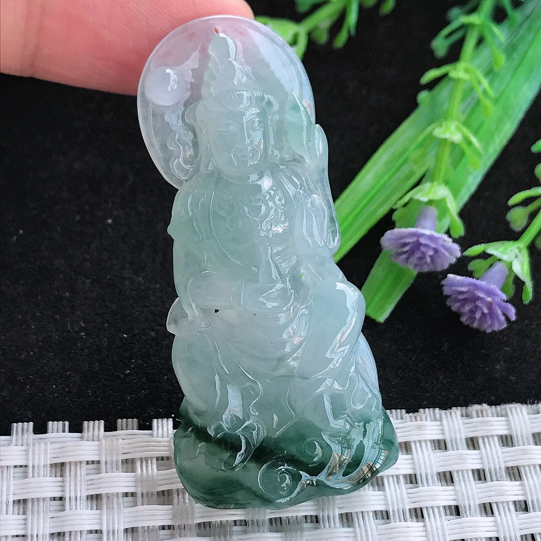 自然光54.8/25.7/10.5老坑冰胶果冻飘花观音菩萨吊坠天然翡翠玉坠挂件