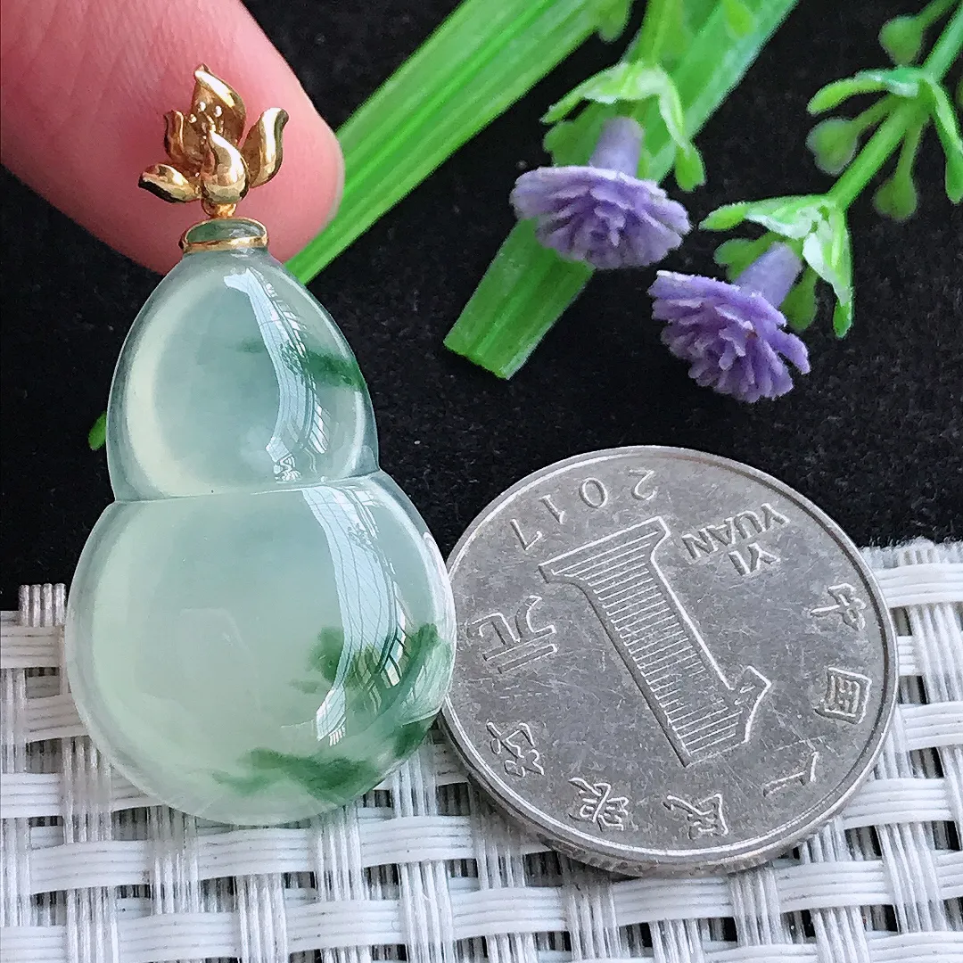 自然光30.8/19.8/5.7老坑18k金镶嵌冰种飘花葫芦吊坠天然翡翠玉坠挂件