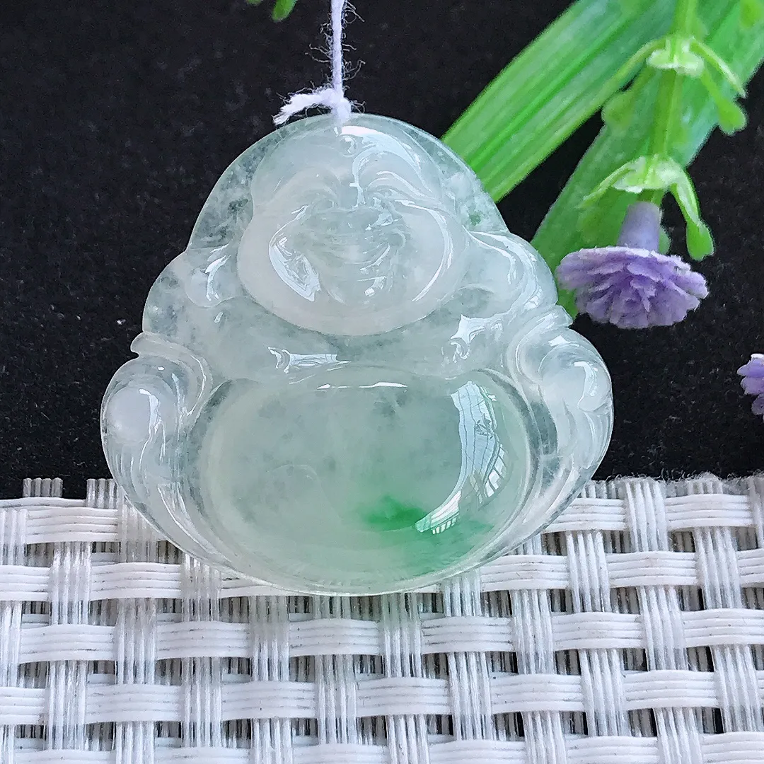 自然光30.5/32.7/6.2老坑冰胶水灵飘阳绿佛公吊坠天然翡翠玉坠挂件