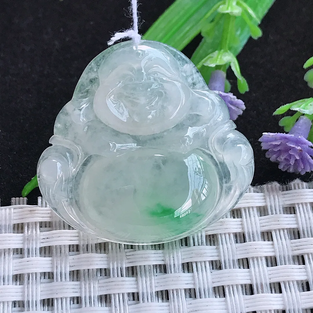 自然光30.5/32.7/6.2老坑冰胶水灵飘阳绿佛公吊坠天然翡翠玉坠挂件