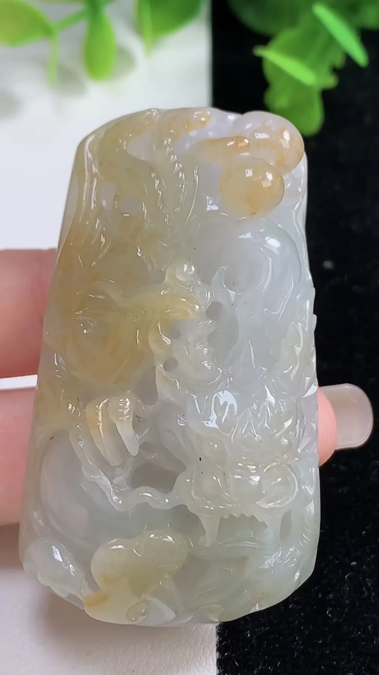 缅甸天然翡翠a货 老坑料起胶冰种 双彩飘黄翡霸气龙牌吊坠，尺寸59.3-33.2-13.6mm  y  48.53