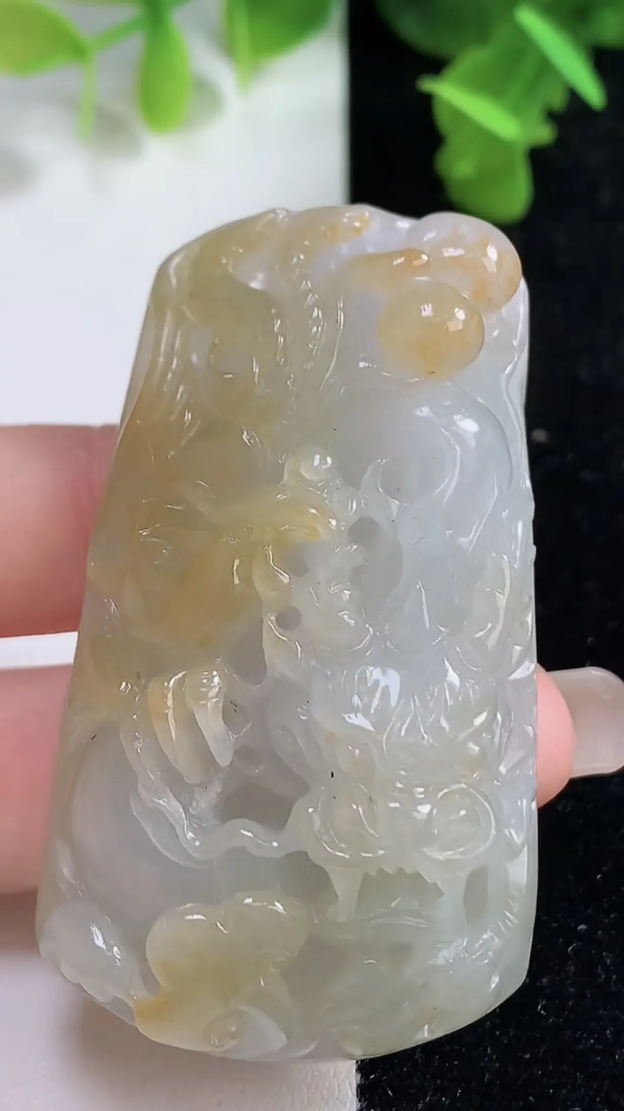 缅甸天然翡翠a货 老坑料起胶冰种 双彩飘黄翡霸气龙牌吊坠，尺寸59.3-33.2-13.6mm  y  48.53