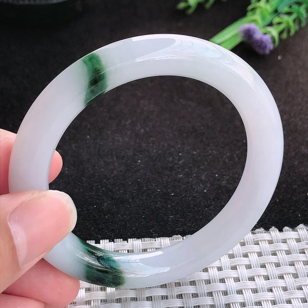 自然光52.5/9.5老坑精美冰润飘花圆条手镯缅甸翡翠宽边玉镯手环