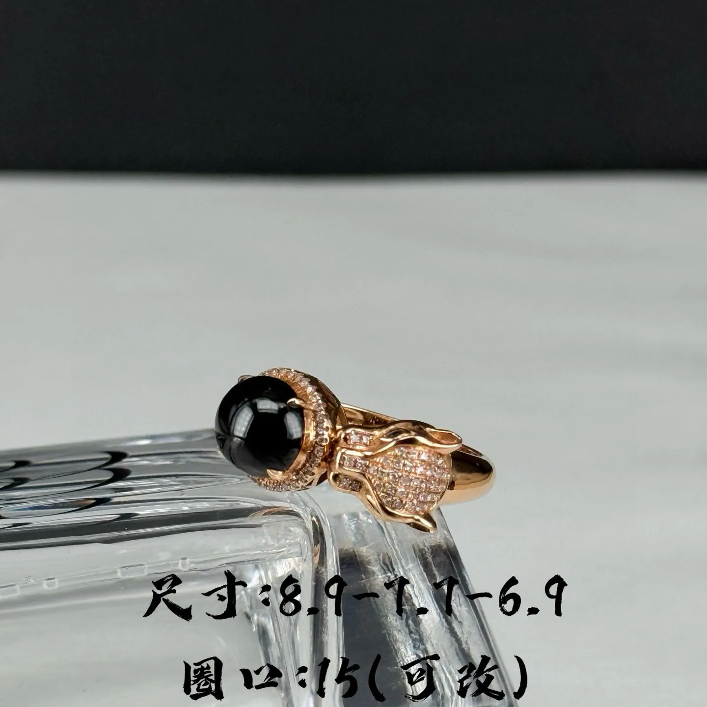 精品18k墨翠豹头女戒 种好色正 黑度极好 打灯通透 油性十足 尺寸8.9