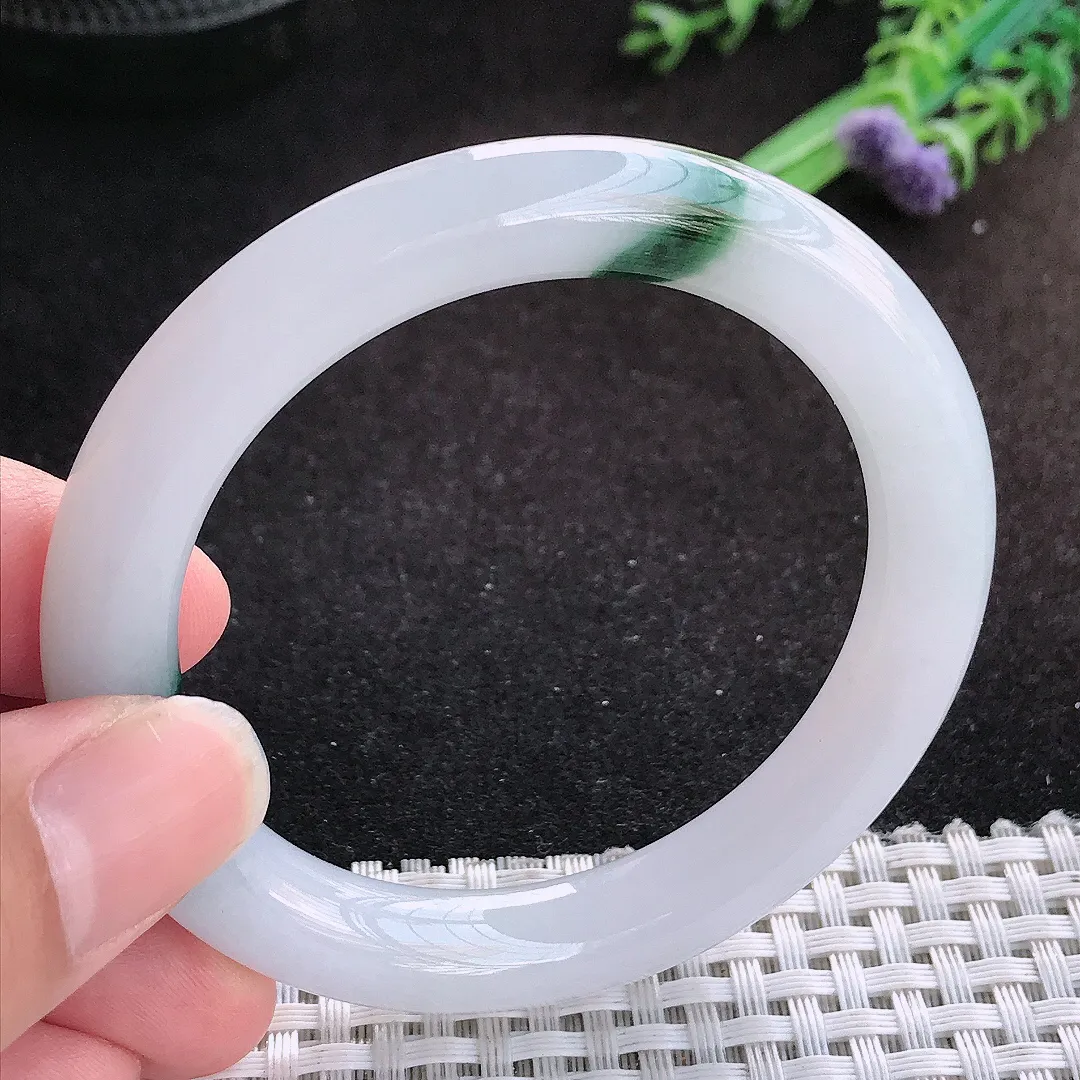 自然光52.5/9.5老坑精美冰润飘花圆条手镯缅甸翡翠宽边玉镯手环