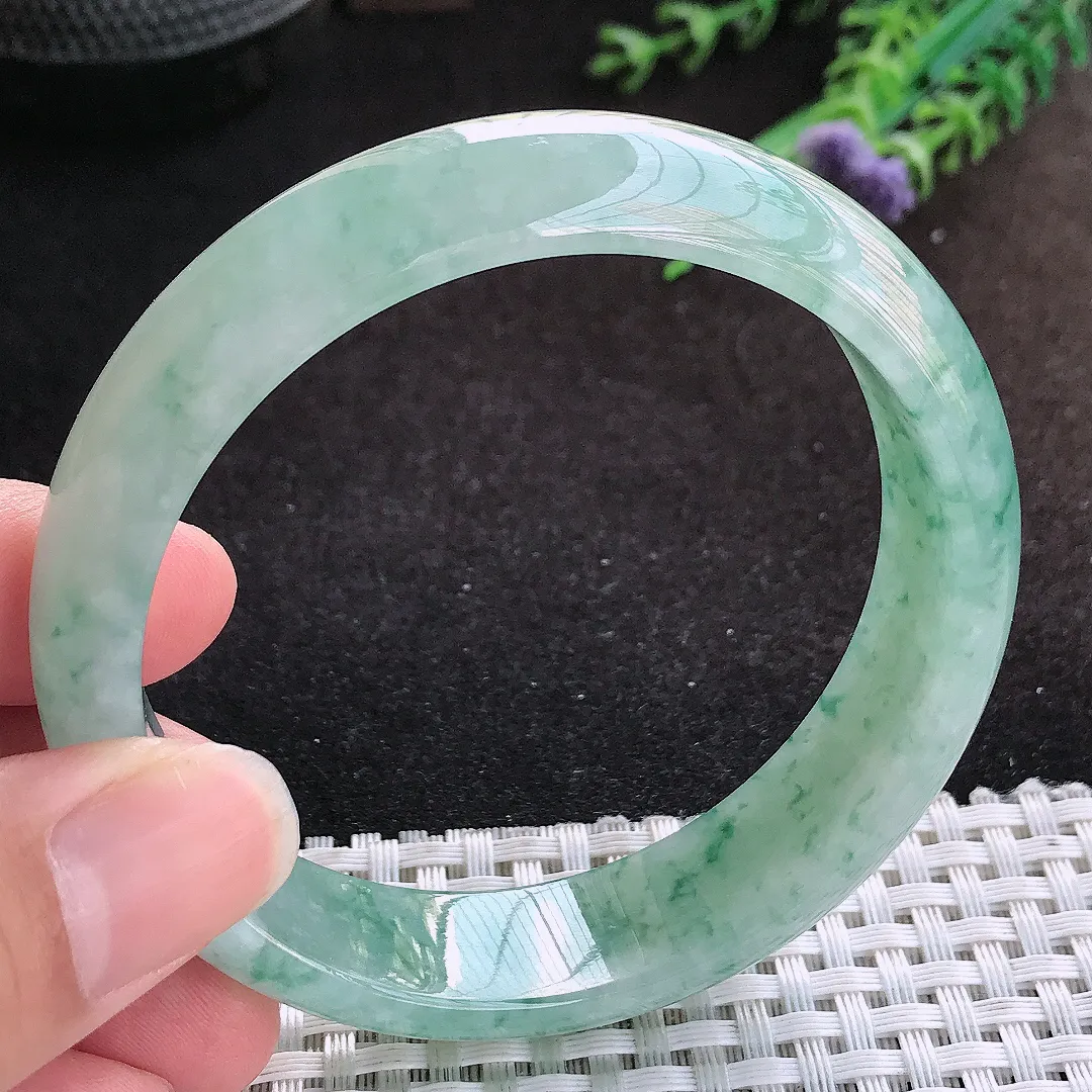 自然光59/15.6/7.8老坑冰胶水灵飘花宽边手镯缅甸翡翠宽边玉镯手环