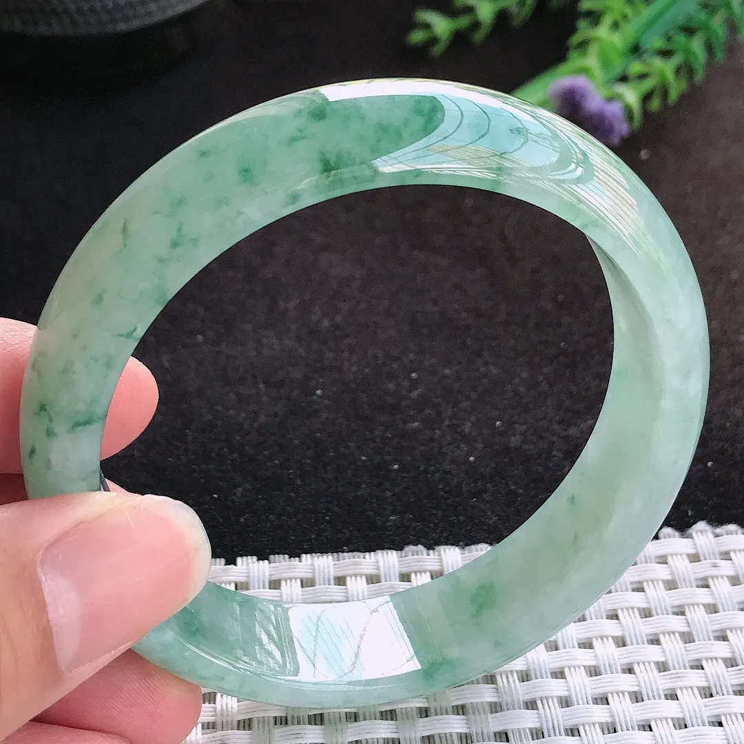 自然光59/15.6/7.8老坑冰胶水灵飘花宽边手镯缅甸翡翠宽边玉镯手环
