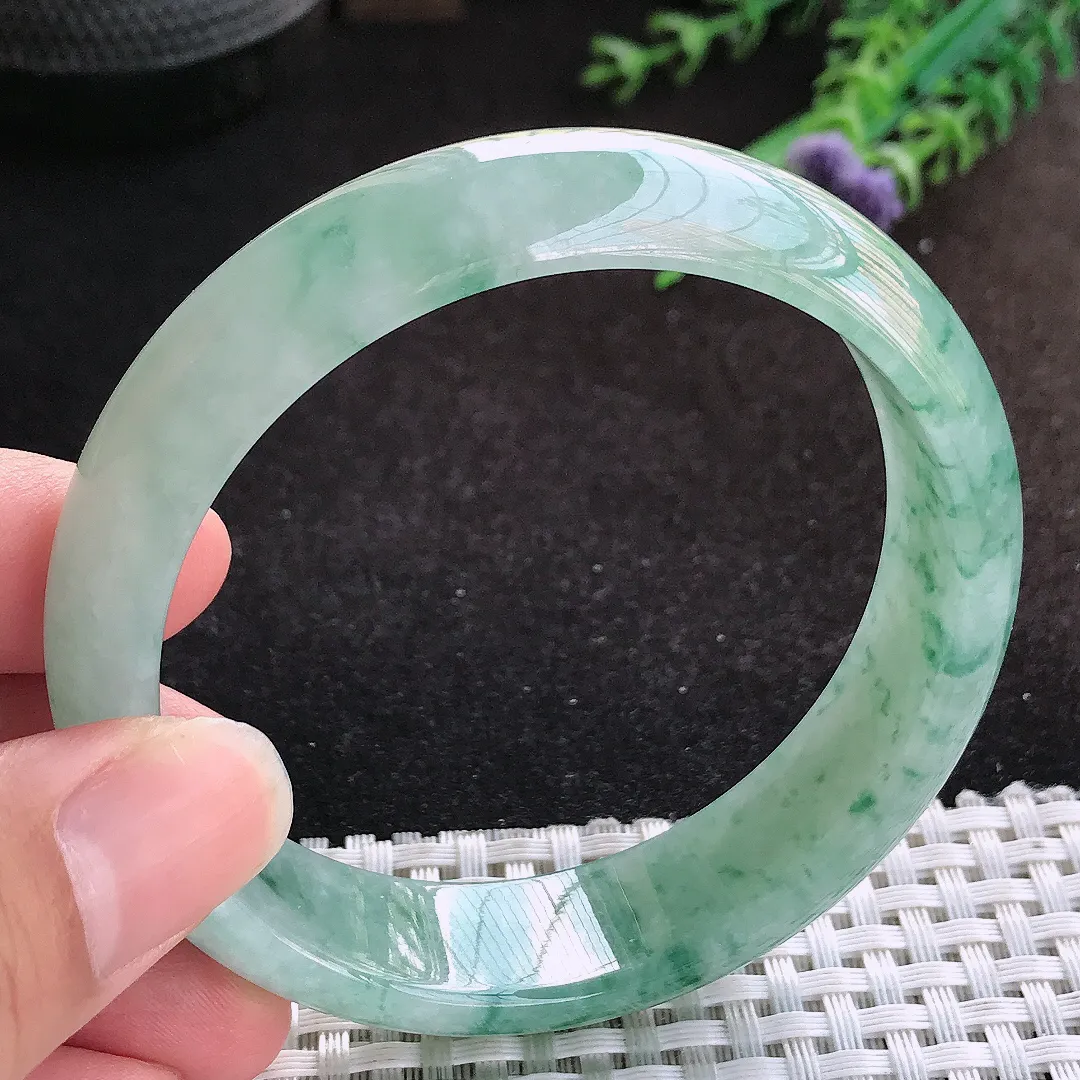 自然光59/15.6/7.8老坑冰胶水灵飘花宽边手镯缅甸翡翠宽边玉镯手环