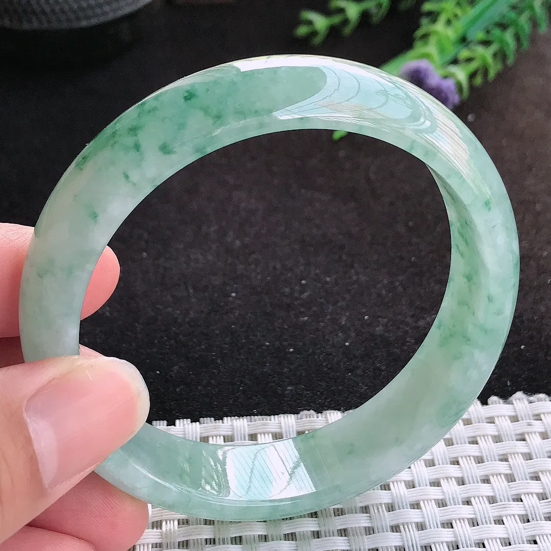 自然光59/15.6/7.8老坑冰胶水灵飘花宽边手镯缅甸翡翠宽边玉镯手环