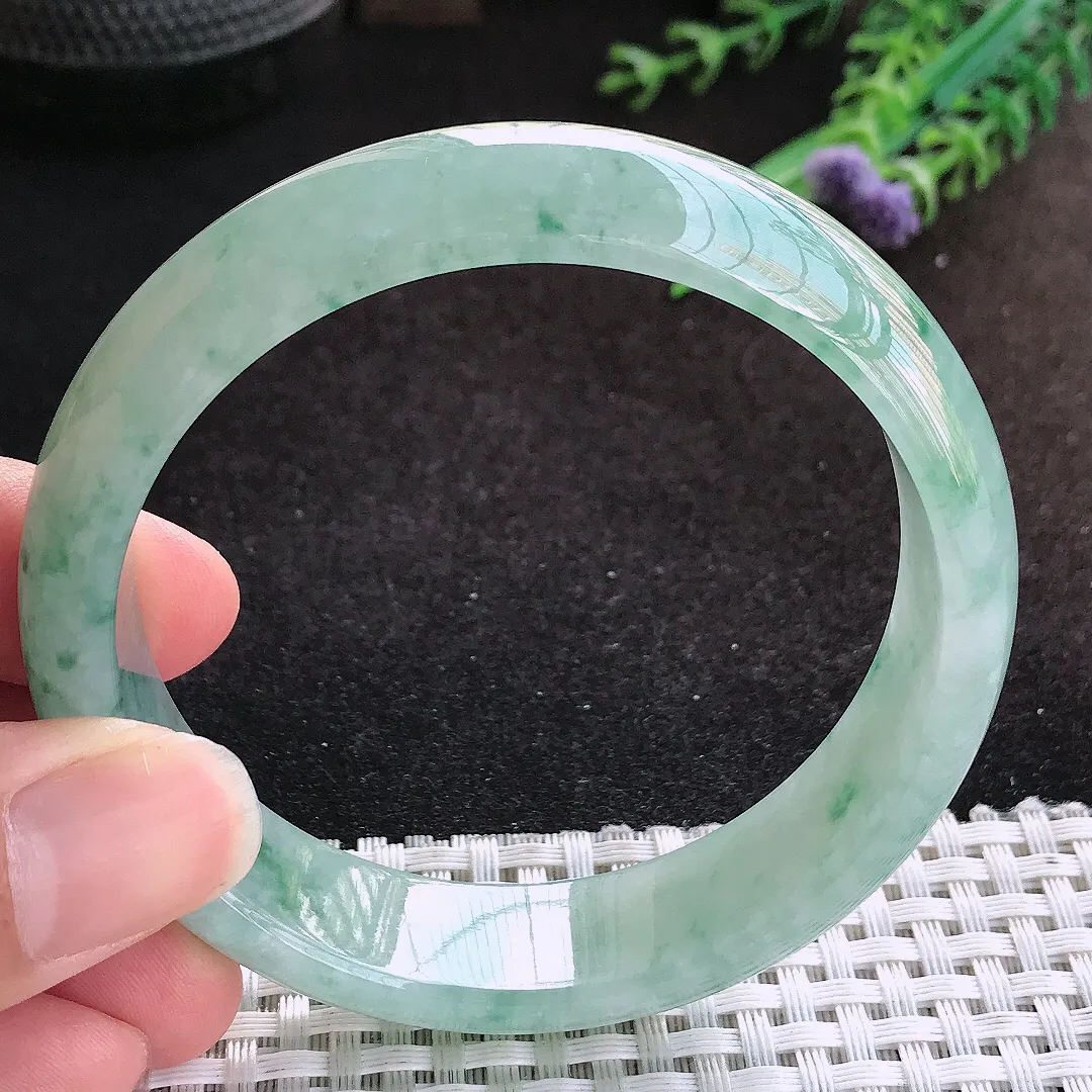 自然光59/15.6/7.8老坑冰胶水灵飘花宽边手镯缅甸翡翠宽边玉镯手环