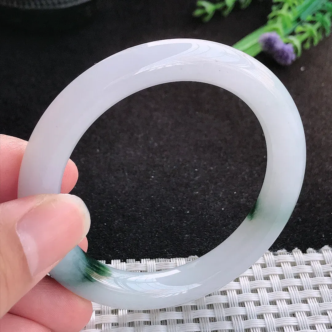 自然光52.5/9.5老坑精美冰润飘花圆条手镯缅甸翡翠宽边玉镯手环