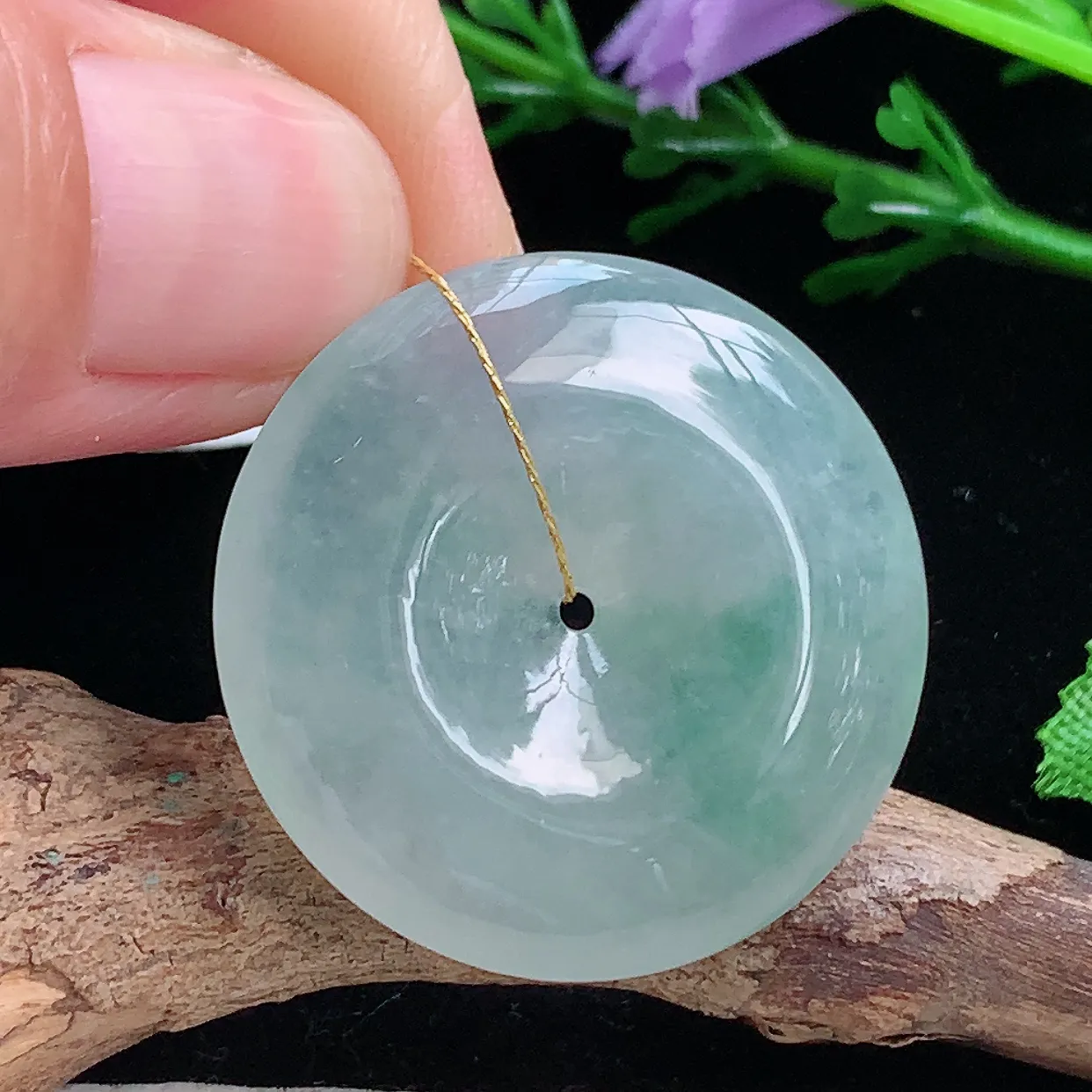 ws实拍30*5.6缅甸翡翠A货精雕冰飘花平安扣 玉扣玉吊坠 玉挂件