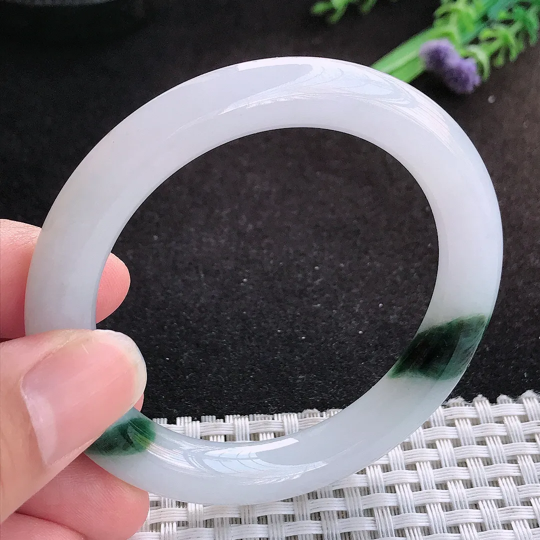 自然光52.5/9.5老坑精美冰润飘花圆条手镯缅甸翡翠宽边玉镯手环