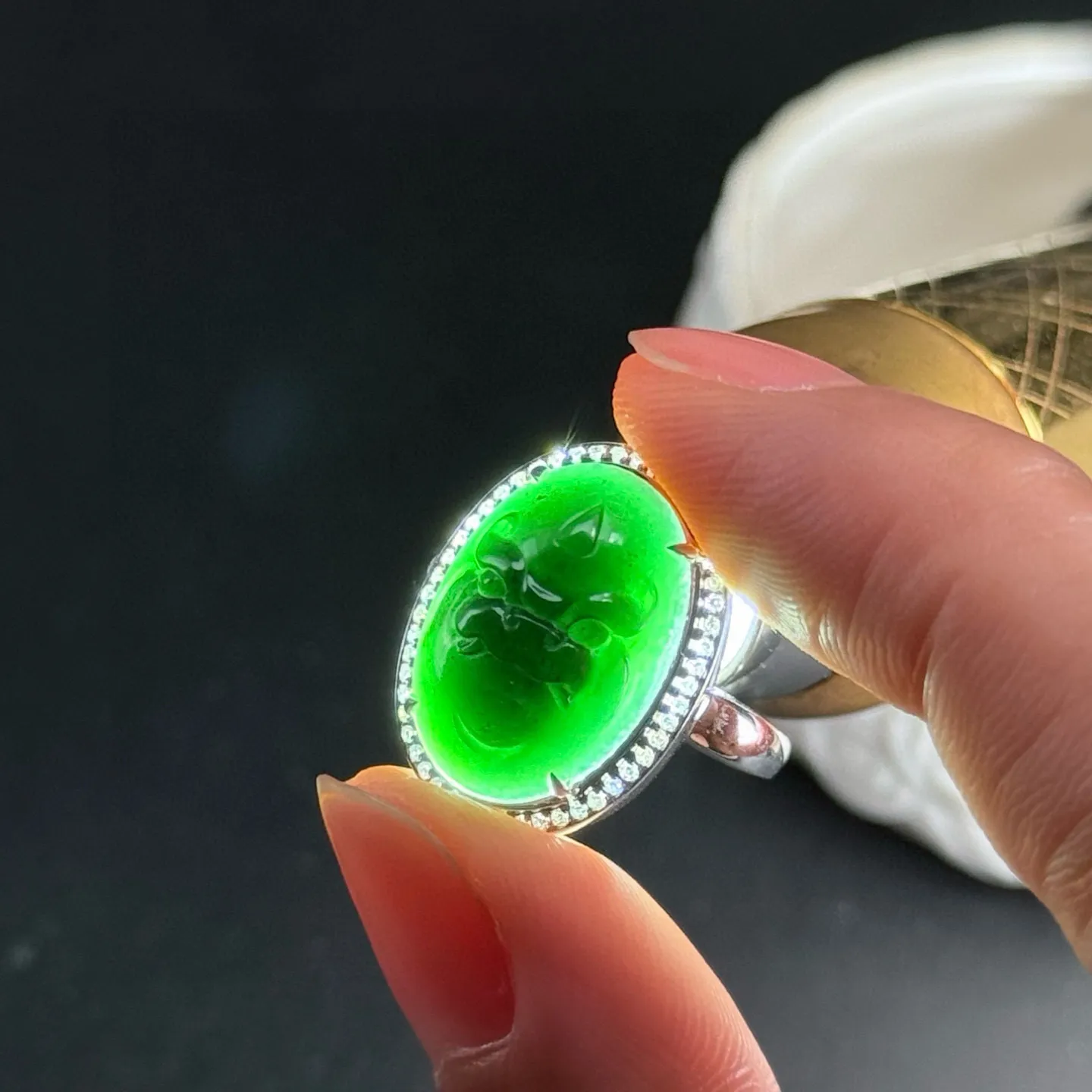 精品18k墨翠瑞兽戒指 种好色正 黑度极好 打灯通透 油性十足 尺寸16.7