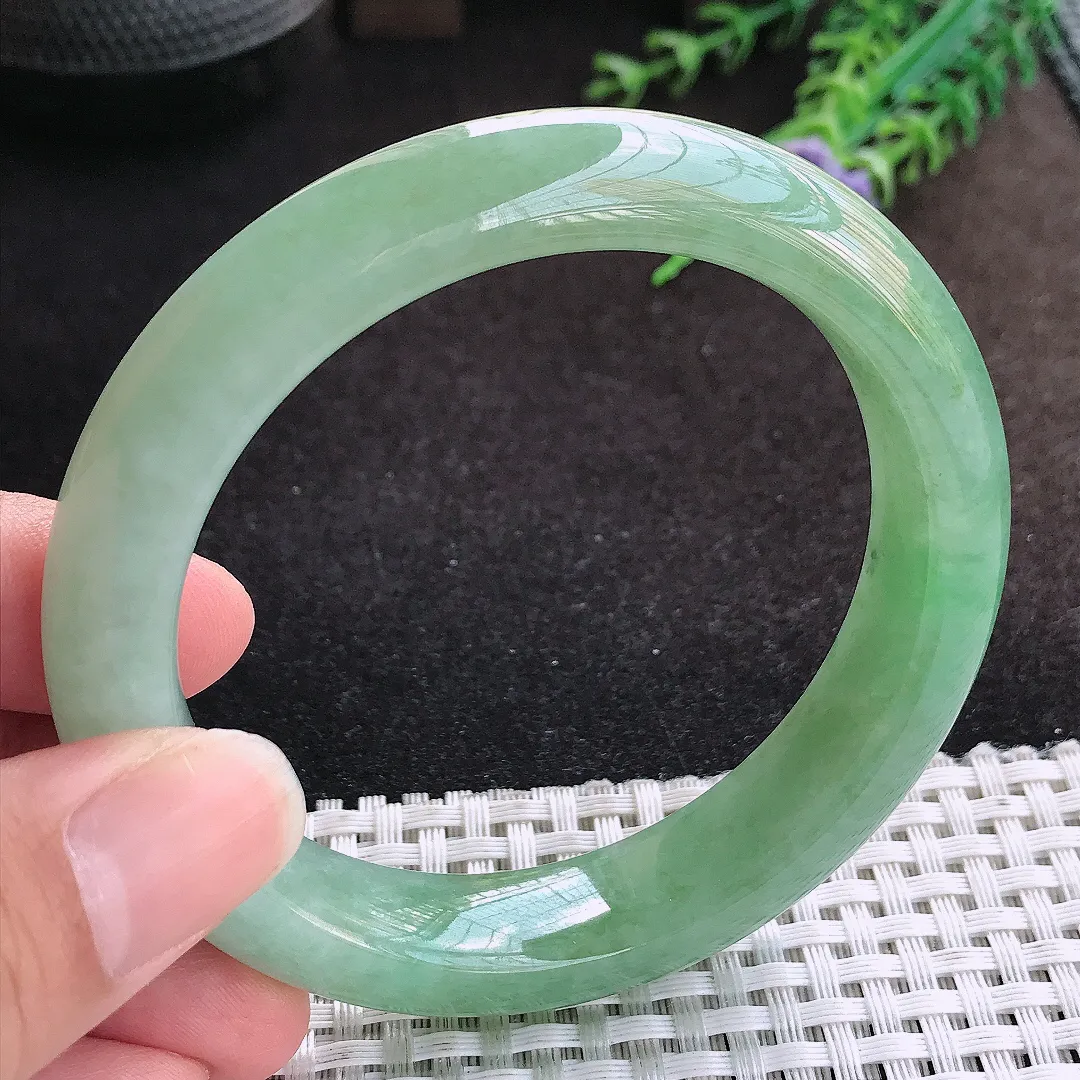 自然光58.5/13.5/9.4老坑精美冰润满绿手镯缅甸翡翠宽边玉镯手环